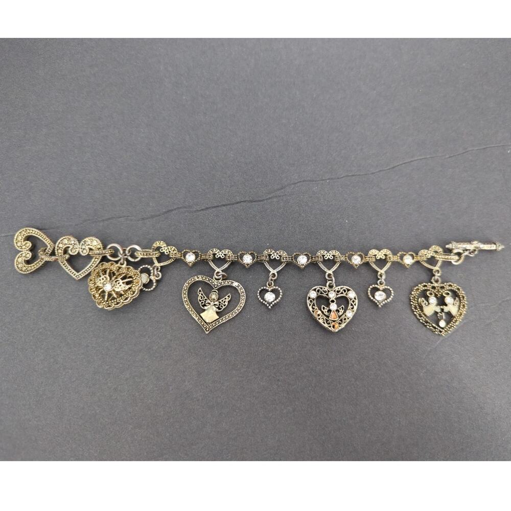 7" Vintage Gold-Tone Filigree Heart & Angels Charm Bracelet Coquette Victorian